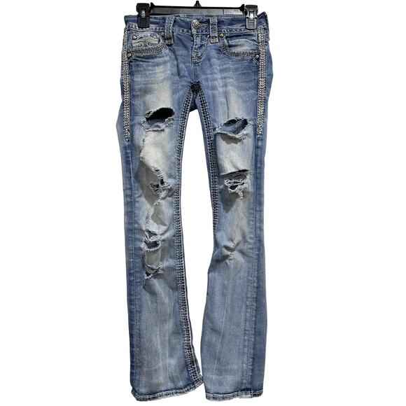 Rock Revival Jeans Womens 24 Blue Light Wash Vien Boot Distressed Ripped Bootcut - Picture 1 of 9